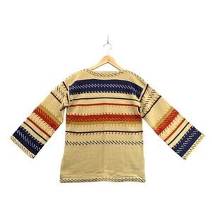 Vintage 70s 100% Acrylic Tan Blue Orange Striped Tunic Sweater Women Medium